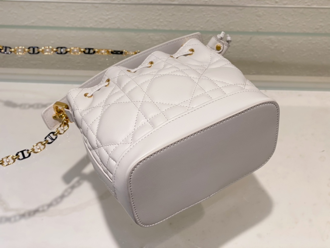 Small Dior Jolie Bucket Bag White Macrocannage Lambskin and Calfskin